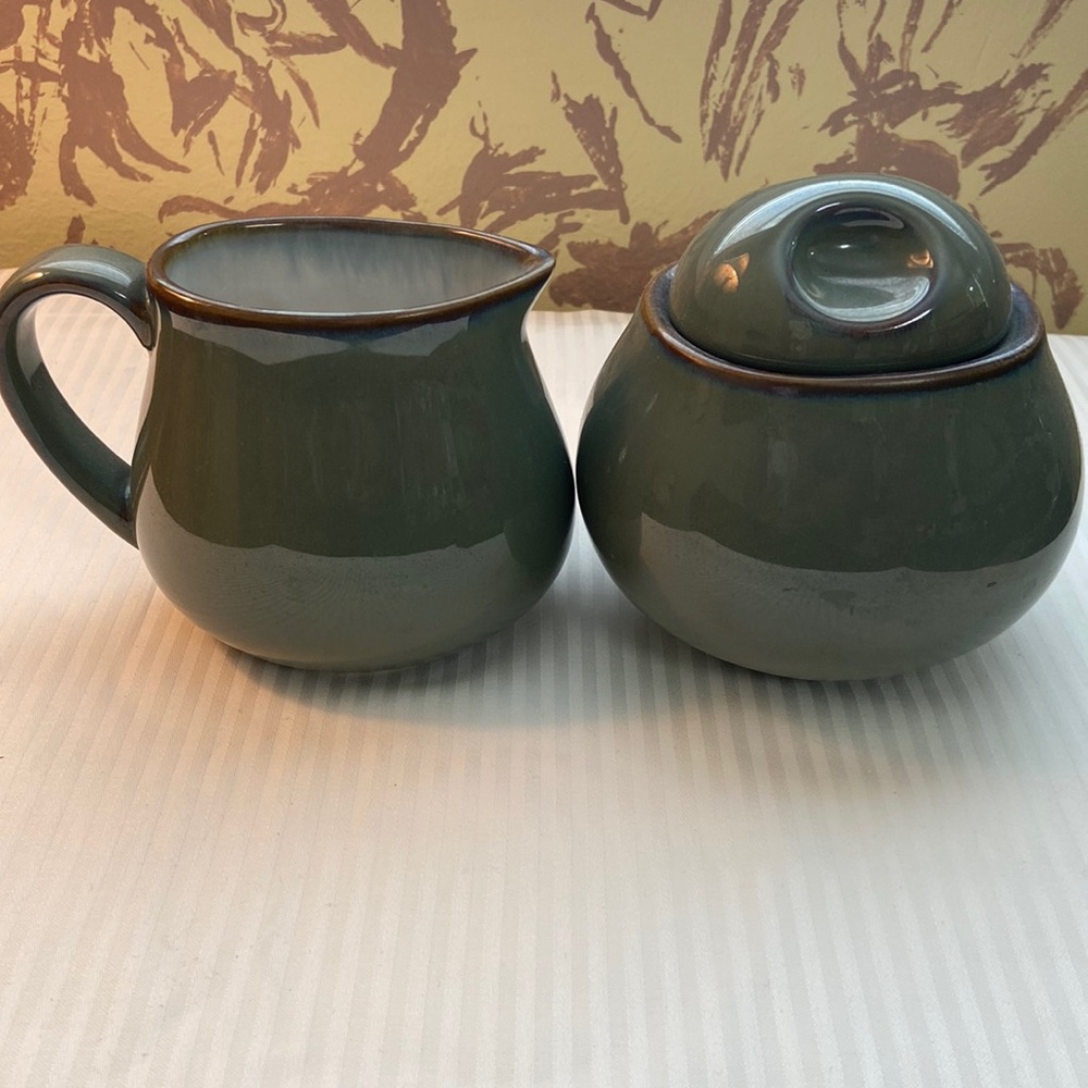 Sango sugar creamer avacado green with brown edge